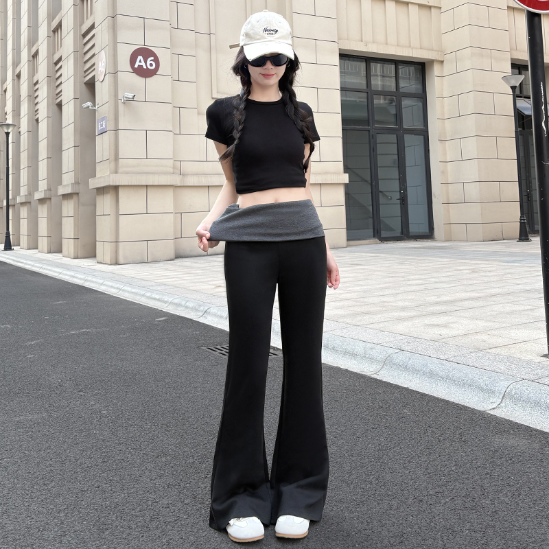 實拍拼接喇叭褲女夏季2026新款辣妹高腰顯瘦休閑瑜伽闊腿運動衛褲