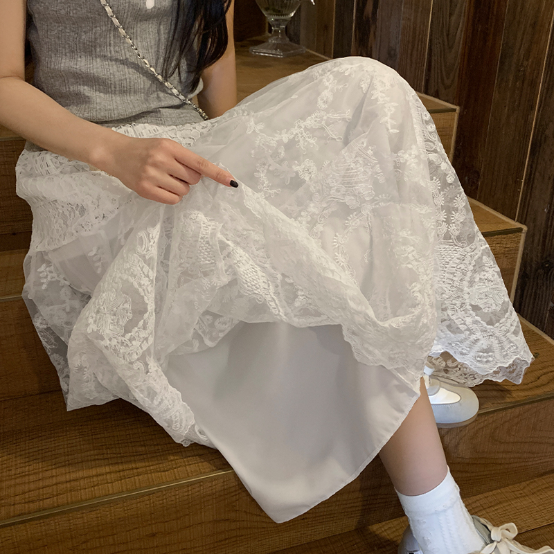 實拍蕾絲花邊網紗半身裙女夏季高腰顯瘦氣質刺繡大擺a字裙長裙子