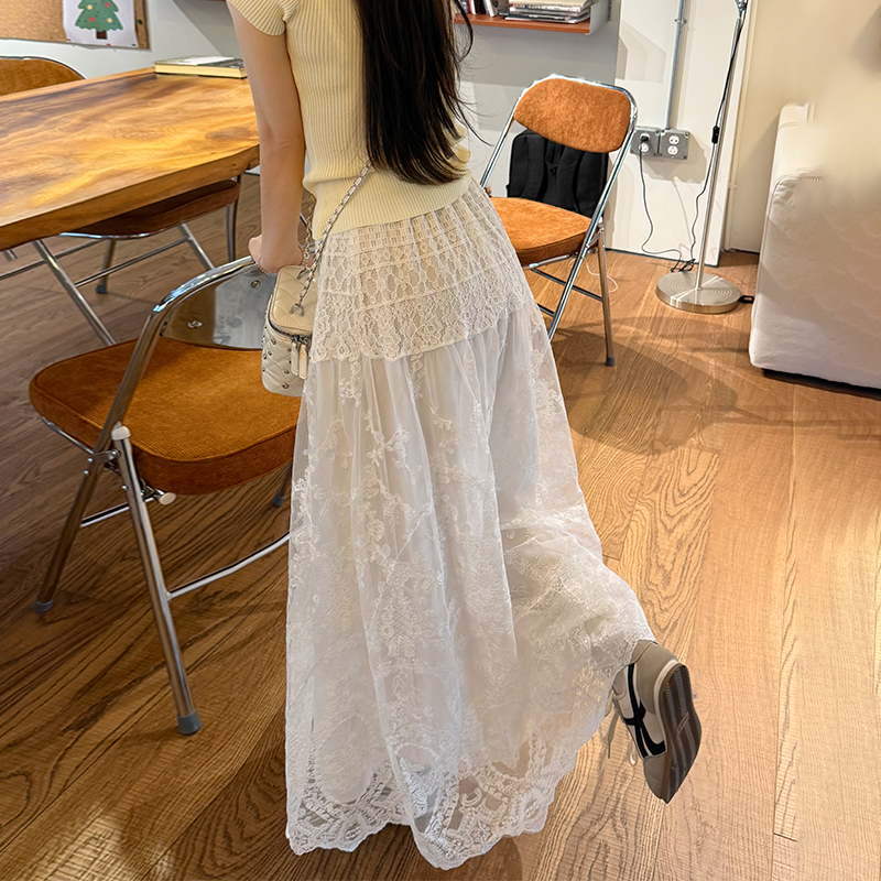 實拍蕾絲花邊網紗半身裙女夏季高腰顯瘦氣質刺繡大擺a字裙長裙子