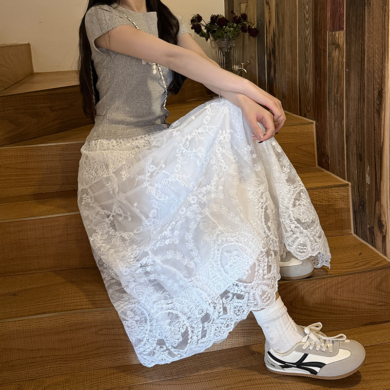 實拍蕾絲花邊網紗半身裙女夏季高腰顯瘦氣質刺繡大擺a字裙長裙子