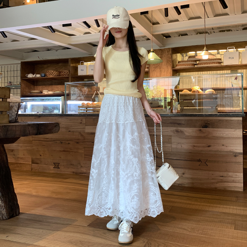 實拍蕾絲花邊網紗半身裙女夏季高腰顯瘦氣質刺繡大擺a字裙長裙子