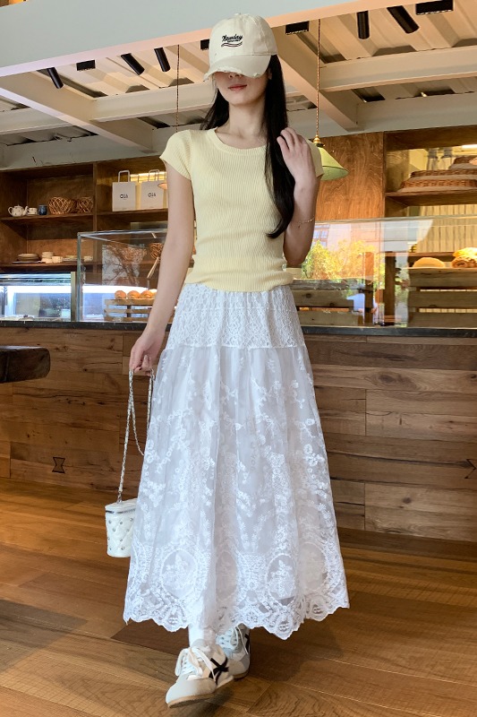 實拍蕾絲花邊網紗半身裙女夏季高腰顯瘦氣質刺繡大擺a字裙長裙子