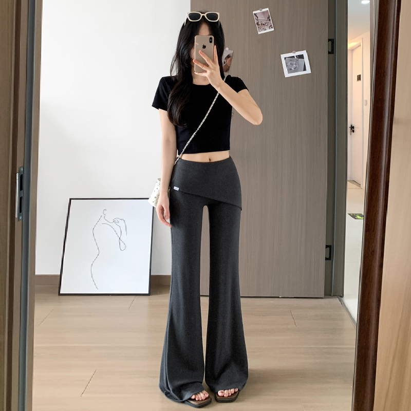 實拍趙露思同款假兩件屁簾微辣褲女夏季高腰顯瘦休閑運動喇叭褲女