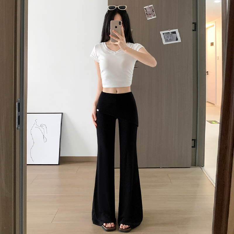 實拍趙露思同款假兩件屁簾微辣褲女夏季高腰顯瘦休閑運動喇叭褲女