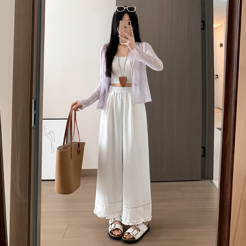 蕾絲花邊冰絲棉麻闊腿褲女夏季薄款高腰直筒顯瘦山本休閑九分褲子
