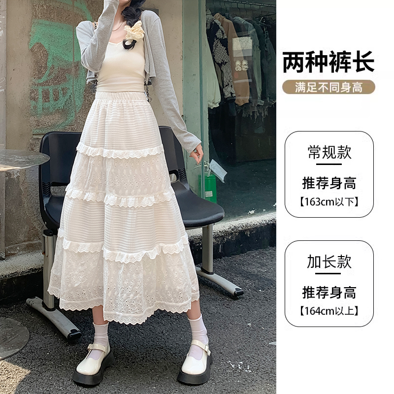 實拍半身裙女夏季a字裙蛋糕裙溫柔風長裙設計感小眾蕾絲鉤花裙子