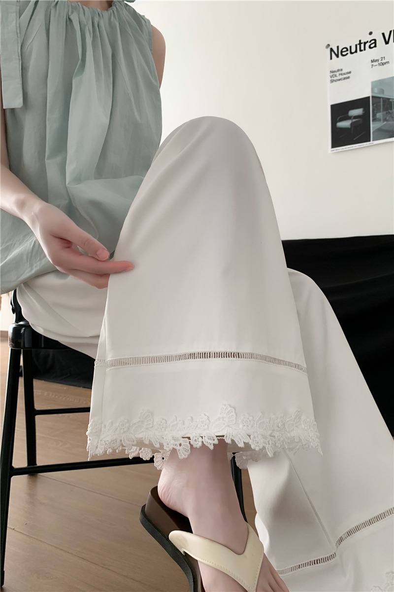實拍花邊闊腿褲子女款2026夏季新款寬松直筒休閑褲高腰顯瘦九分褲