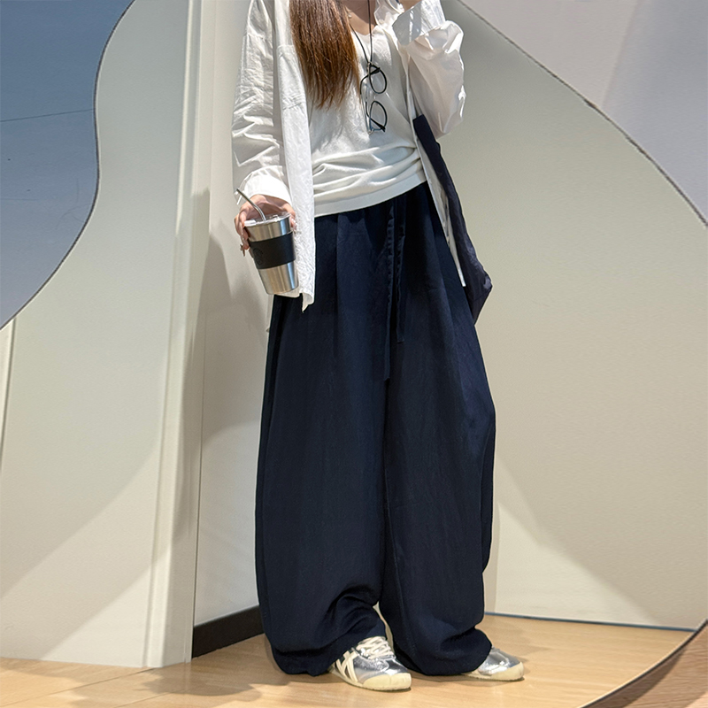 實拍萊賽爾亞麻褲子女夏季2026新款寬松慵懶垂墜感休閑彎刀闊腿褲