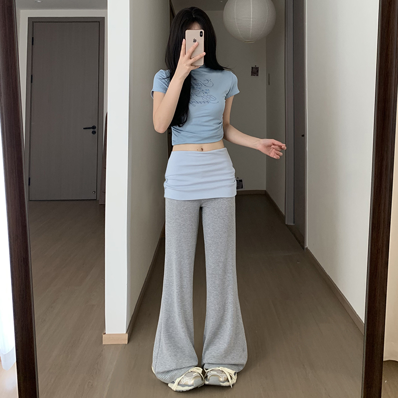 實拍灰色拼接腰微喇褲女夏季新款寬松垂墜感休閑運動條紋喇叭褲女