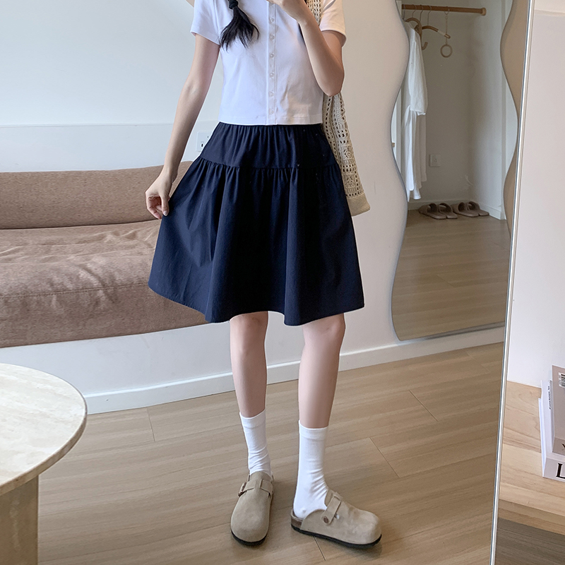 實拍日系藏青色半身裙女夏季薄款2026新款傘裙高腰小個子五分短裙