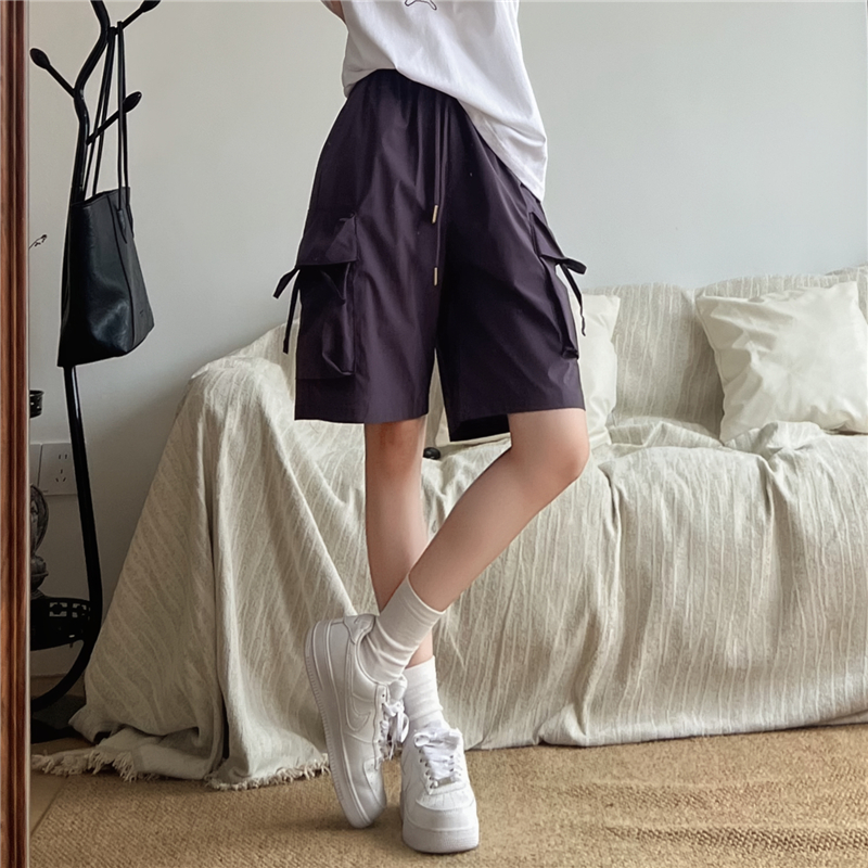 實拍藏青色大口袋工裝短褲女夏季寬松顯瘦直筒中褲休閑運動五分褲