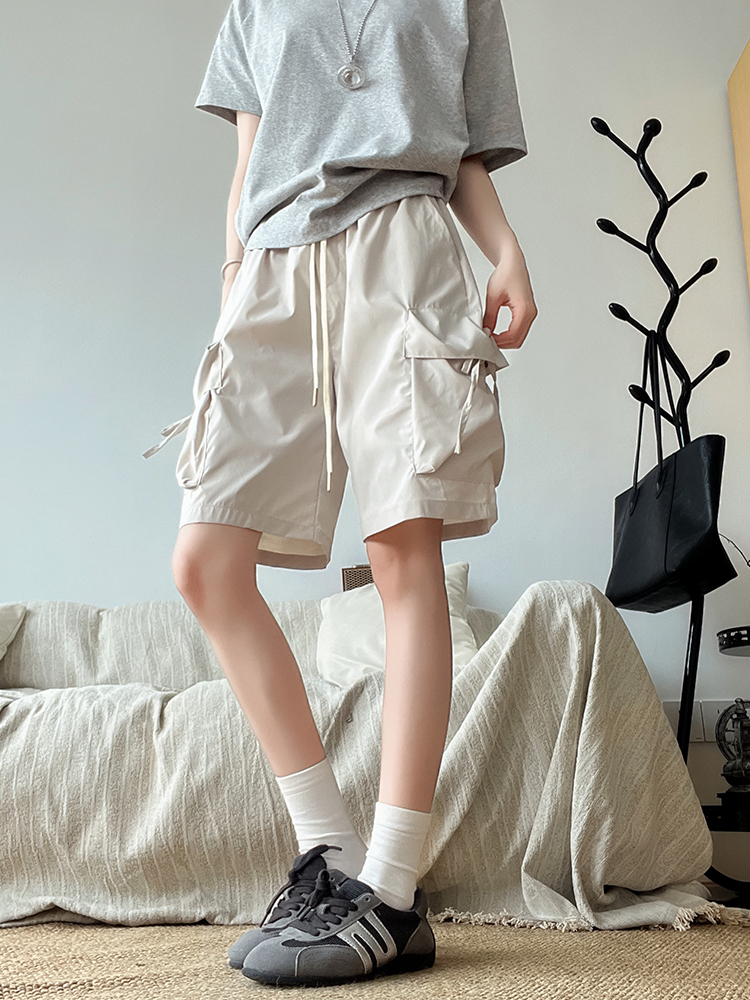 實拍藏青色大口袋工裝短褲女夏季寬松顯瘦直筒中褲休閑運動五分褲