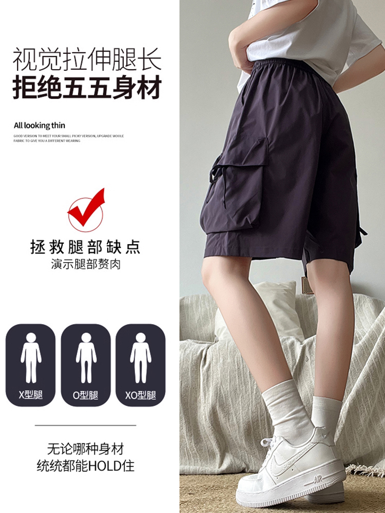 實拍藏青色大口袋工裝短褲女夏季寬松顯瘦直筒中褲休閑運動五分褲