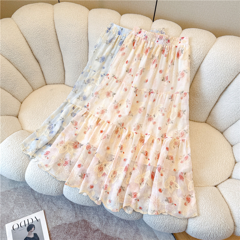 實拍重工刺繡碎花百褶裙半身裙女夏季顯瘦垂感a字傘裙長款大擺裙