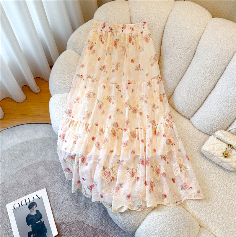 實拍重工刺繡碎花百褶裙半身裙女夏季顯瘦垂感a字傘裙長款大擺裙