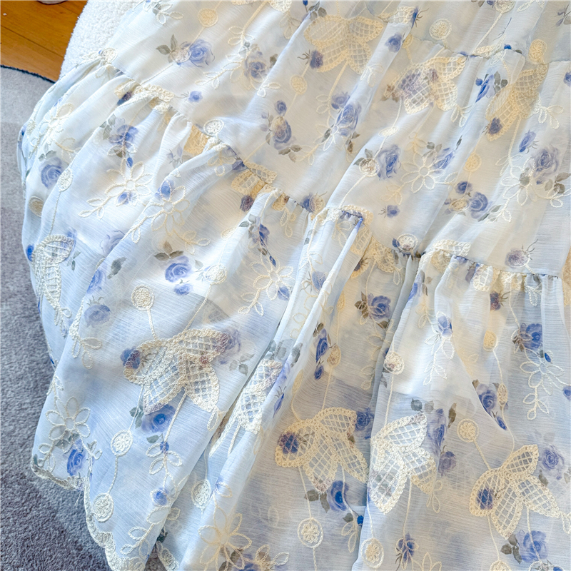 實拍重工刺繡碎花百褶裙半身裙女夏季顯瘦垂感a字傘裙長款大擺裙