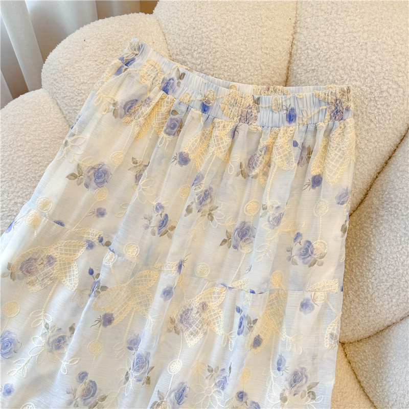 實拍重工刺繡碎花百褶裙半身裙女夏季顯瘦垂感a字傘裙長款大擺裙