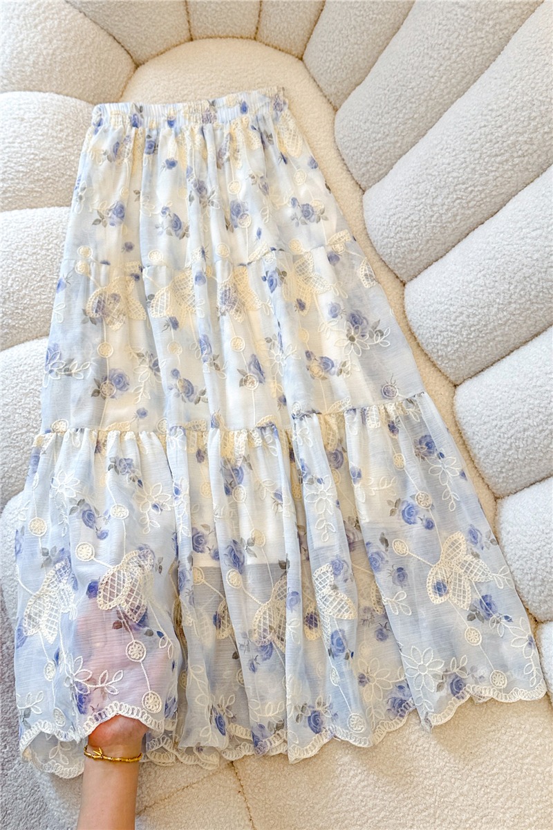 實拍重工刺繡碎花百褶裙半身裙女夏季顯瘦垂感a字傘裙長款大擺裙