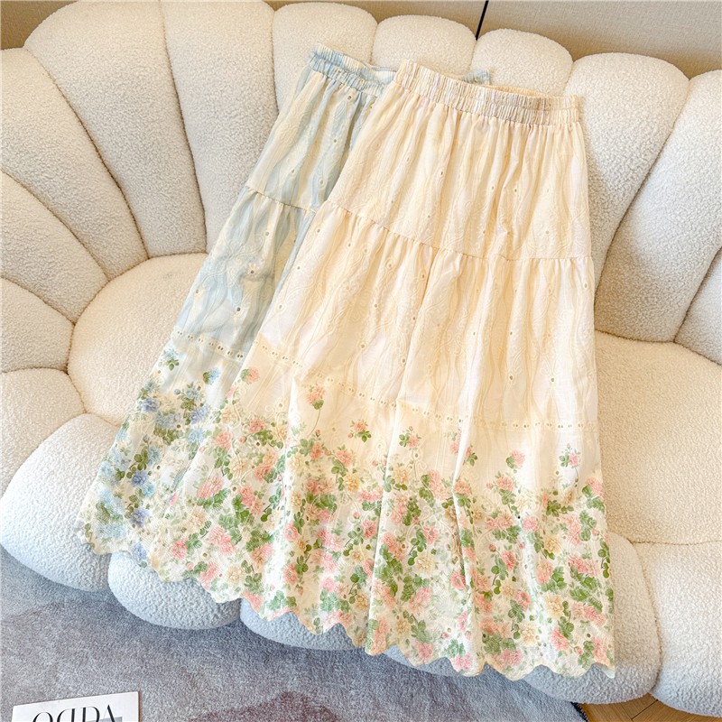 實拍新中式國風刺繡棉麻碎花半身裙女夏季高腰顯瘦A字寬松大擺裙