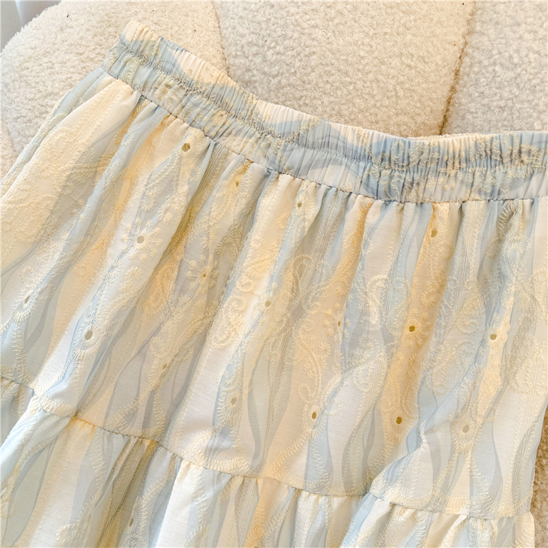 實拍新中式國風刺繡棉麻碎花半身裙女夏季高腰顯瘦A字寬松大擺裙