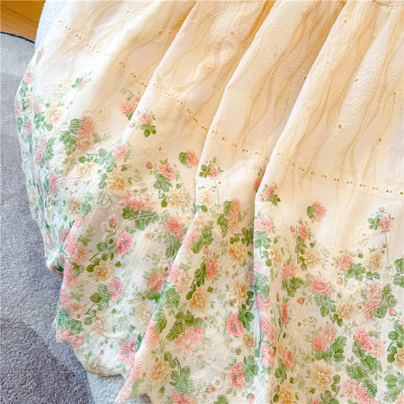 實拍新中式國風刺繡棉麻碎花半身裙女夏季高腰顯瘦A字寬松大擺裙