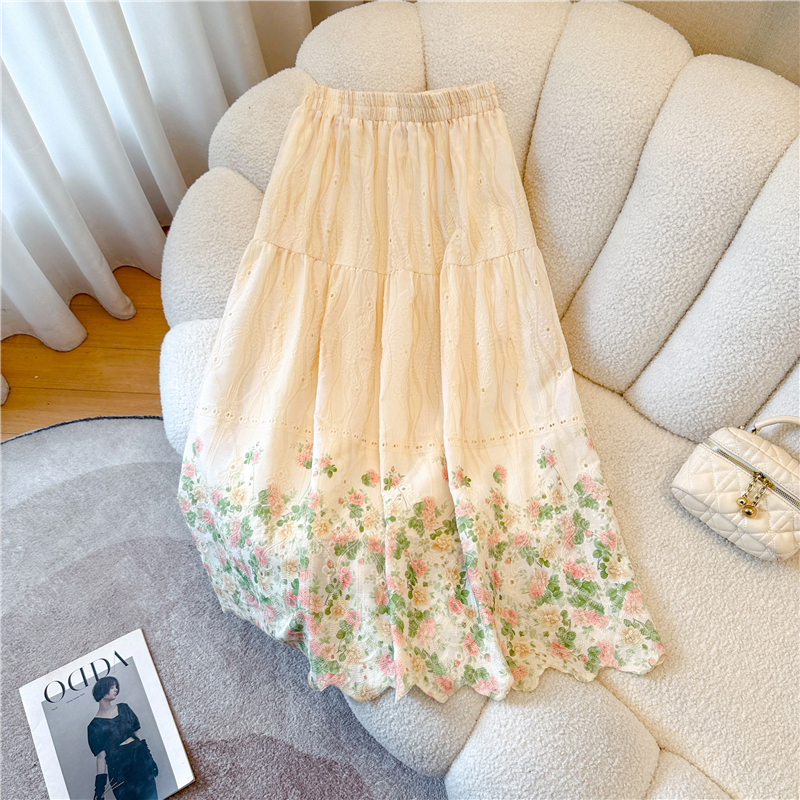 實拍新中式國風刺繡棉麻碎花半身裙女夏季高腰顯瘦A字寬松大擺裙