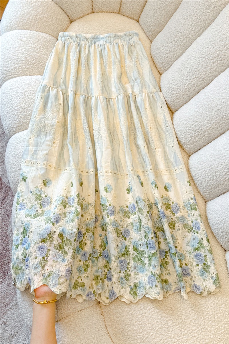 實拍新中式國風刺繡棉麻碎花半身裙女夏季高腰顯瘦A字寬松大擺裙