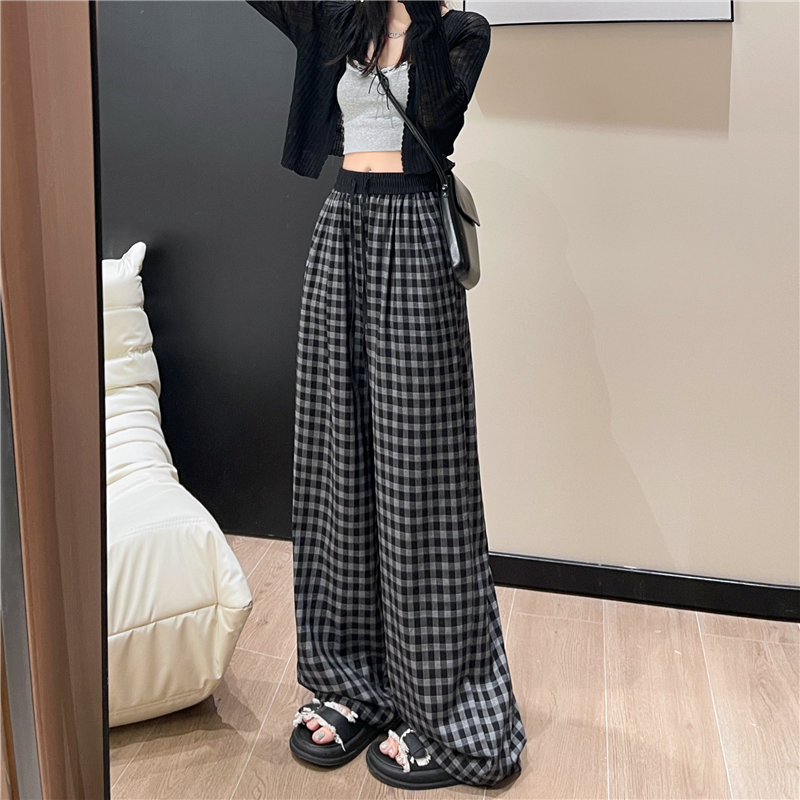 實拍格子闊腿褲女2026新款夏季薄款直筒寬松窄版休閑慵懶風褲子女