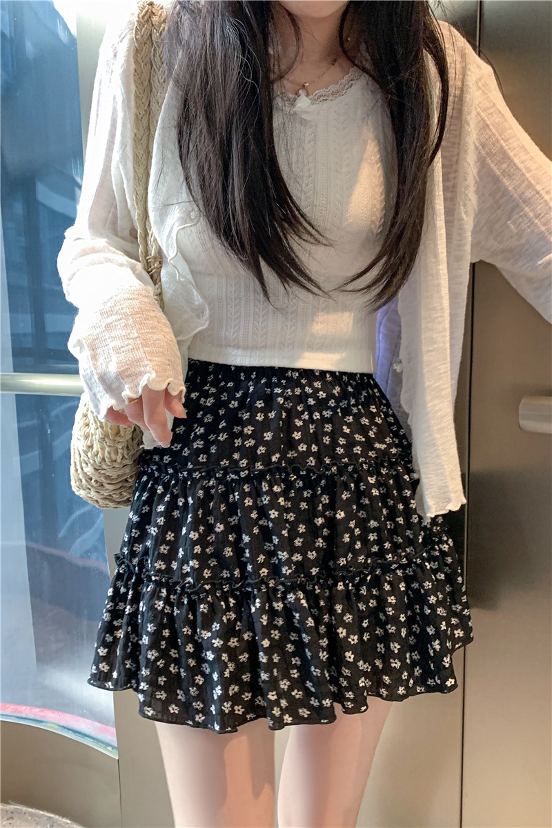 實拍韓系黑色碎花短裙女夏季新款蛋糕裙半裙小個子a字裙子半身裙