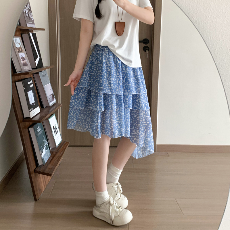 實拍藍色碎花A字半身裙女夏韓系不規則百搭顯瘦松緊腰蓬蓬中長裙