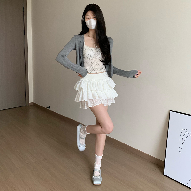 實拍夏季韓系百搭白色蛋糕半身裙女超好看荷葉邊低腰A字蓬蓬短裙