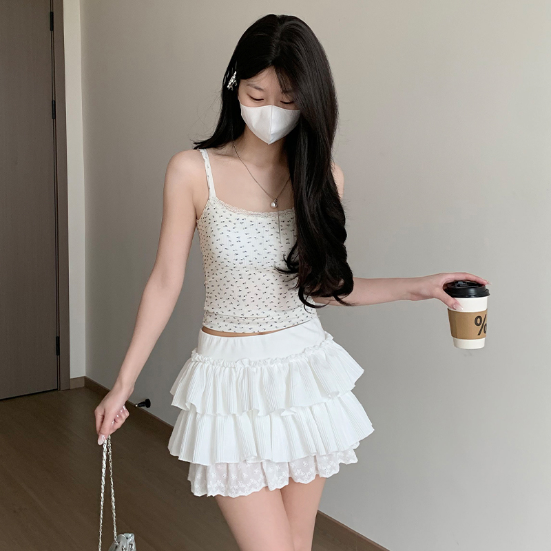 實拍夏季韓系百搭白色蛋糕半身裙女超好看荷葉邊低腰A字蓬蓬短裙