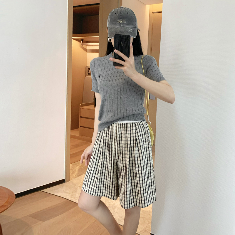 實拍格子短褲女夏季2026新款高腰寬松a字慵懶直筒休閑闊腿五分褲