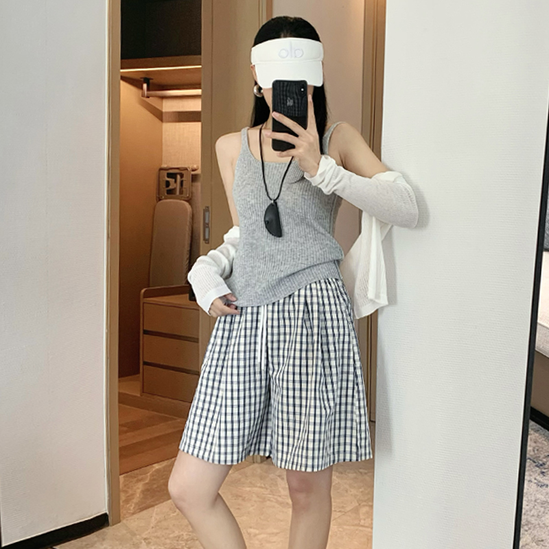 實拍格子短褲女夏季2026新款高腰寬松a字慵懶直筒休閑闊腿五分褲