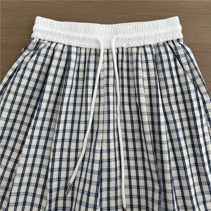 實拍泡泡紗格子短褲女夏季美式輕薄松弛感外穿褲子寬松休閑五分褲