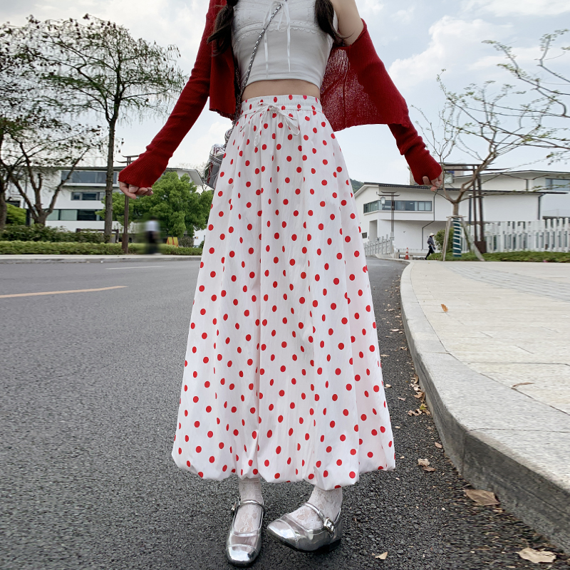 實拍波點花苞裙女夏季2026新款小個子巨好看的裙子高腰中長款傘裙