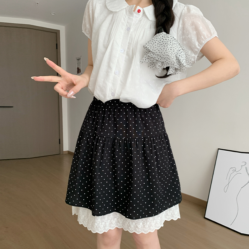 實拍韓系蕾絲花邊波點半身裙女短裙夏季新款高腰小個子a字蛋糕裙