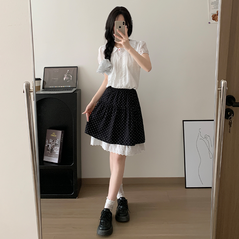 實拍韓系蕾絲花邊波點半身裙女短裙夏季新款高腰小個子a字蛋糕裙