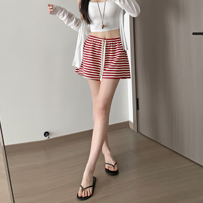 實拍高腰華夫格條紋短褲女2026夏季松弛感寬松百搭顯瘦闊腿休閑褲