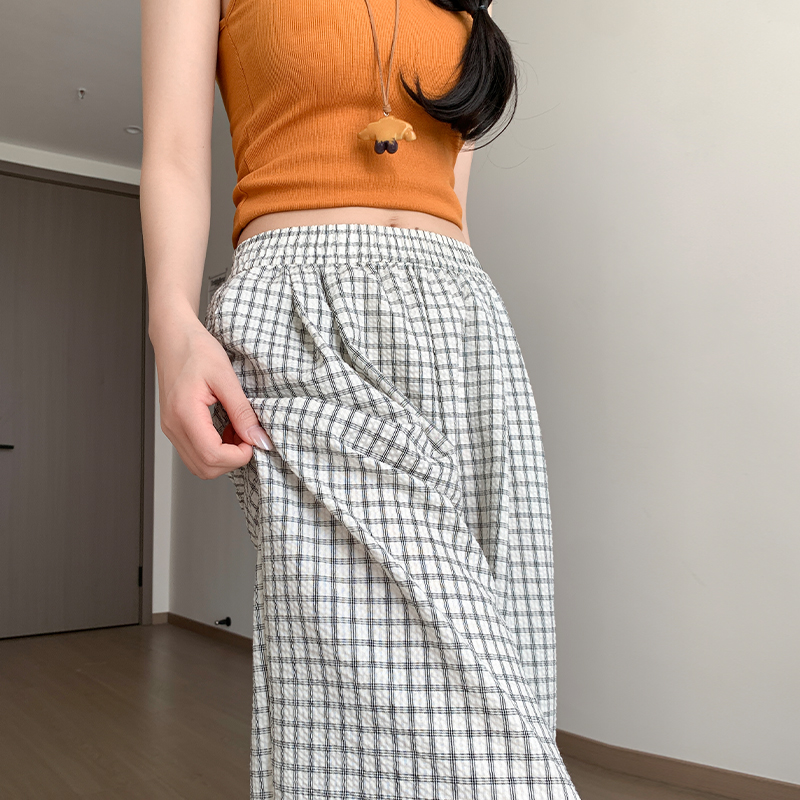 實拍泡泡棉藍色格子褲女夏薄款慵懶松弛抽繩休閑褲復古肌理闊腿褲