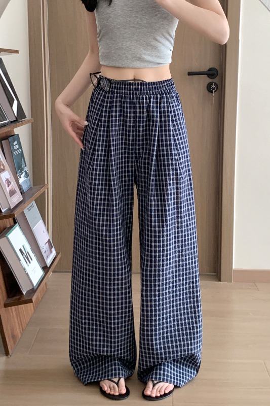 實拍泡泡棉藍色格子褲女夏薄款慵懶松弛抽繩休閑褲復古肌理闊腿褲