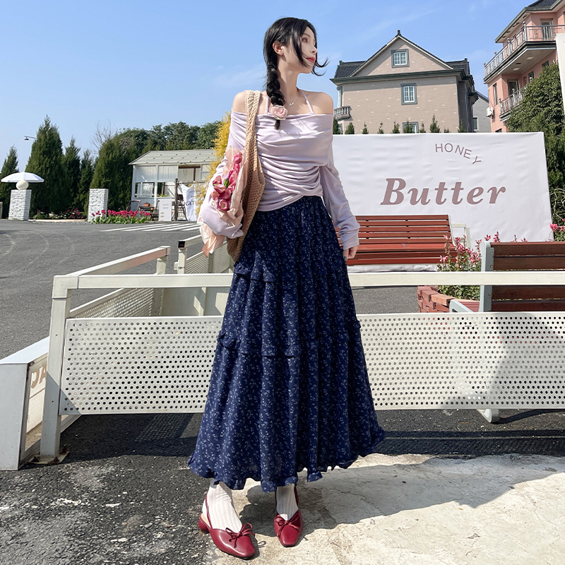 實拍韓系碎花半身裙女中長款夏季新款高腰顯瘦a字長裙蓬蓬蛋糕裙