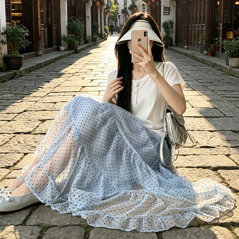 實拍白色波點蛋糕裙女夏季2026年新款小個子a字中長裙蓬蓬半身裙