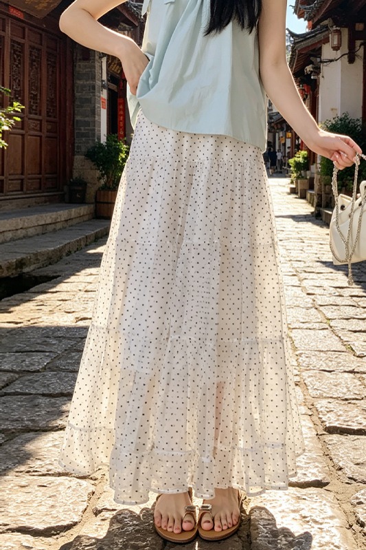實拍白色波點蛋糕裙女夏季2026年新款小個子a字中長裙蓬蓬半身裙
