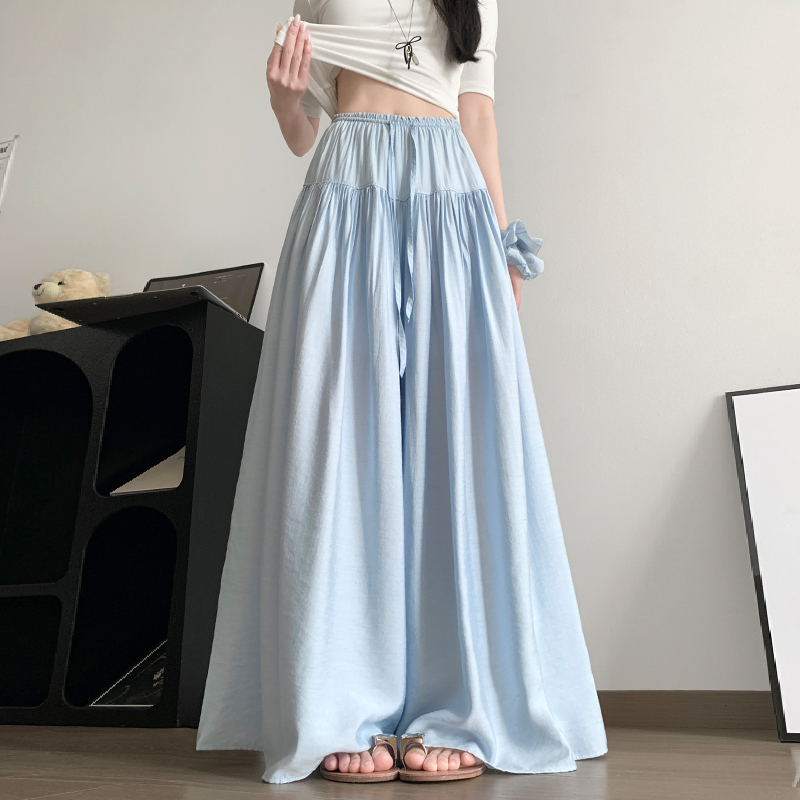 實拍木耳邊闊腿褲女夏季新款顯瘦度假風設計感垂感拖地褲花苞裙褲