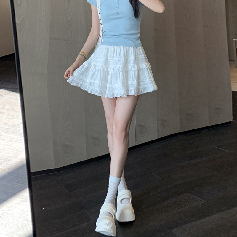 實拍白色蕾絲蛋糕裙女夏季新款小個子a字半身裙防走光芭蕾風短裙