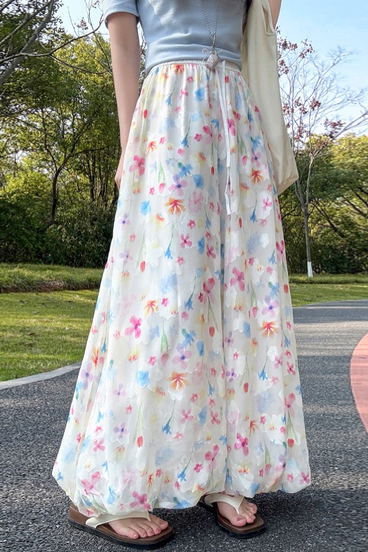 實拍田園彩色碎花花苞褲女夏季新款高腰顯瘦休閑九分闊腿畫報裙褲