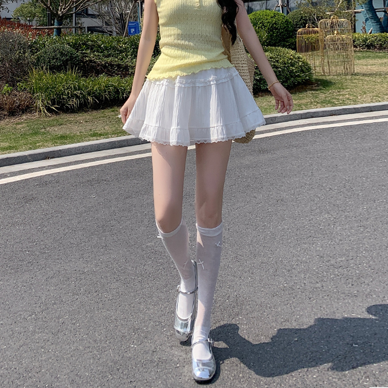 實拍白色蕾絲短裙女夏季新款芭蕾風蓬蓬蛋糕裙高腰顯瘦甜美半身裙