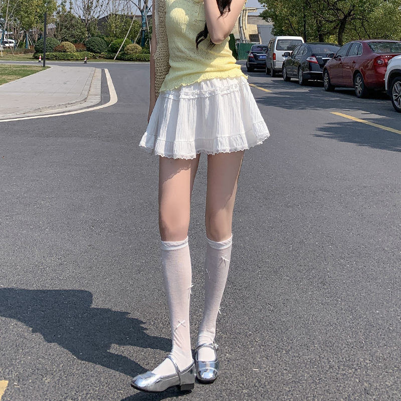 實拍白色蕾絲短裙女夏季新款芭蕾風蓬蓬蛋糕裙高腰顯瘦甜美半身裙