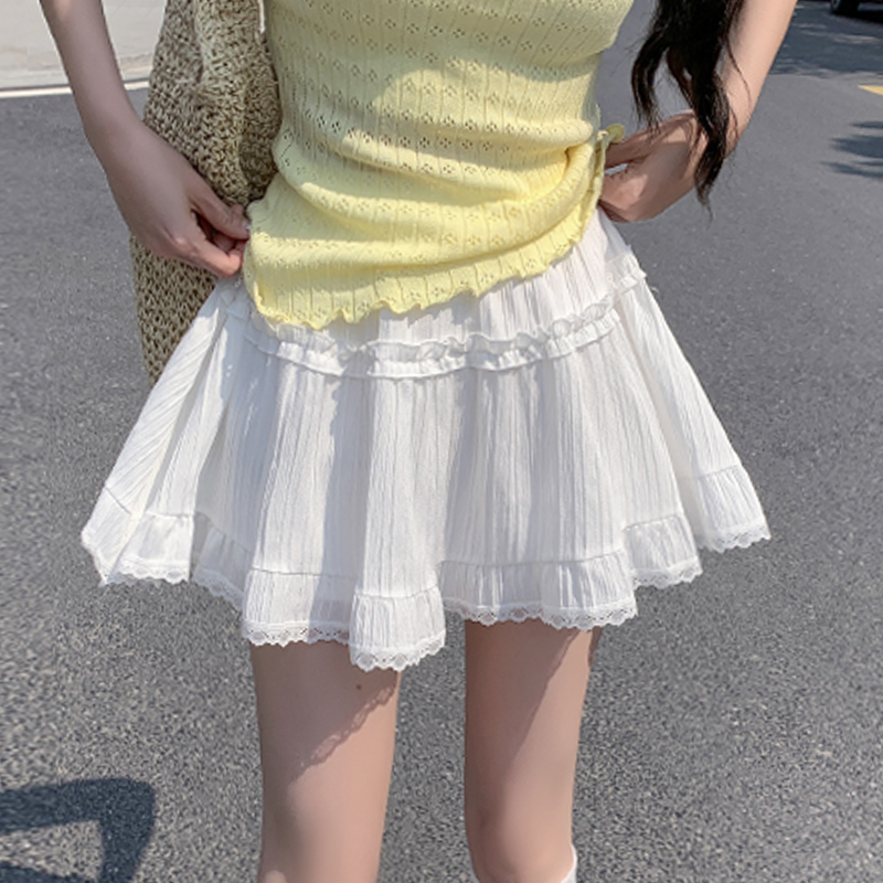 實拍白色蕾絲短裙女夏季新款芭蕾風蓬蓬蛋糕裙高腰顯瘦甜美半身裙